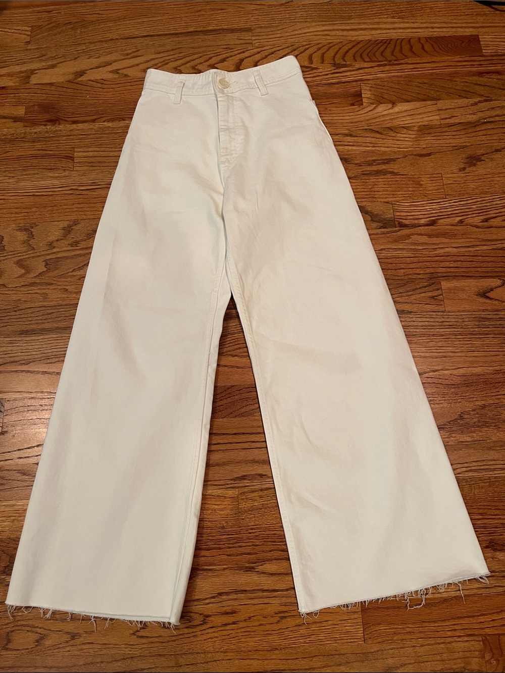 ZARA MARINE HIGH RISE WIDE LEG RAW HEM WHITE DENIM JEANS PANTS SZ 4 * Read